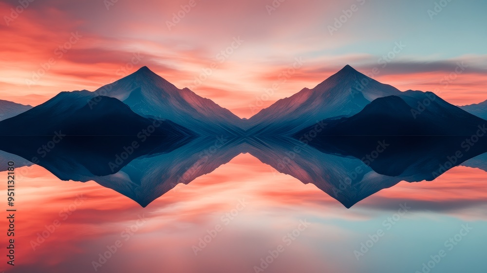 Double exposure serene mountain peaks blending with the calm surface of a pristine lake, reflecting the clouds above, vibrant colors, ethereal effect