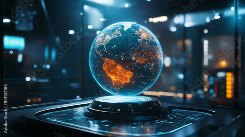 A futuristic globe displaying a digitally illuminated Earth with vibrant continents and highlights. Perfect for technology themes.