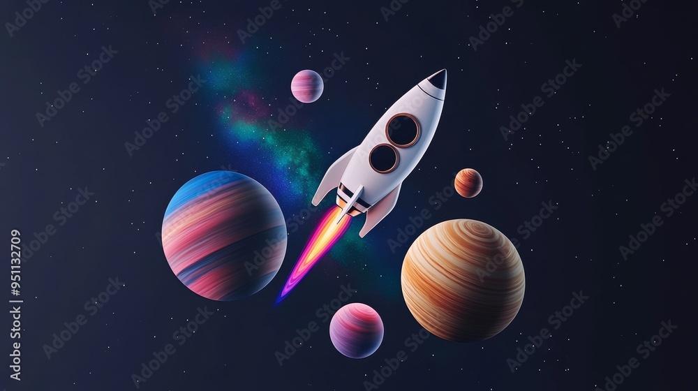 Naklejka premium Cute astronaut floating with a rocket among planets, layered over a serene night sky with shooting stars and colorful auroras, in double exposure