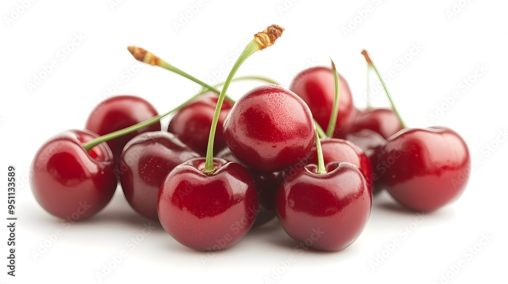 Fresh Ripe Cherries with Green Stems on White Background
