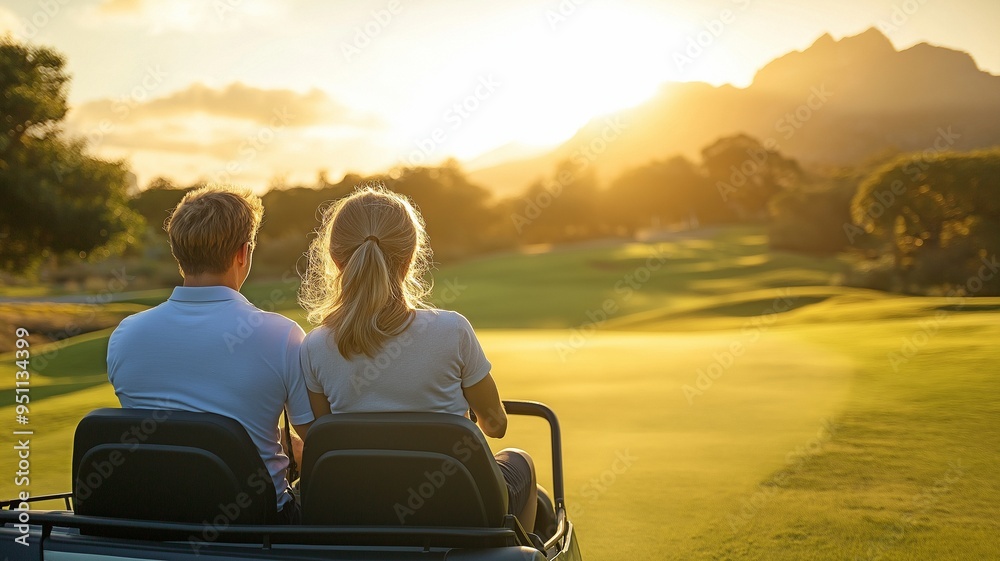 Fototapeta premium couple enjoying a round of golf together while driving a buggy along the course