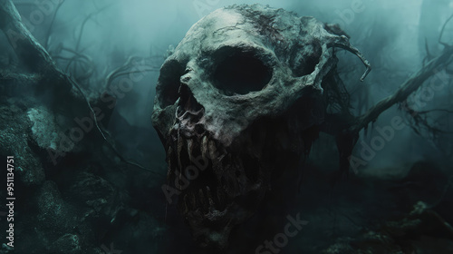 A chilling image of a grotesque mask with decaying flesh and exposed bones, set against an eerie, misty backdrop.