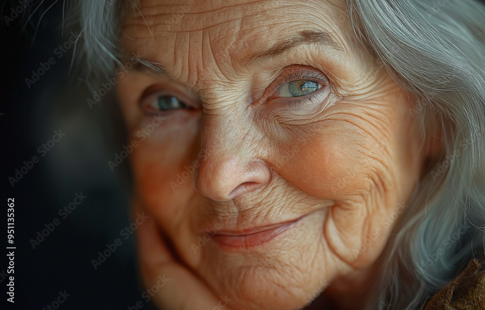 An intense close-up of an elderly Caucasian woman's happy face with lovely natural wrinkles and long grey hair
