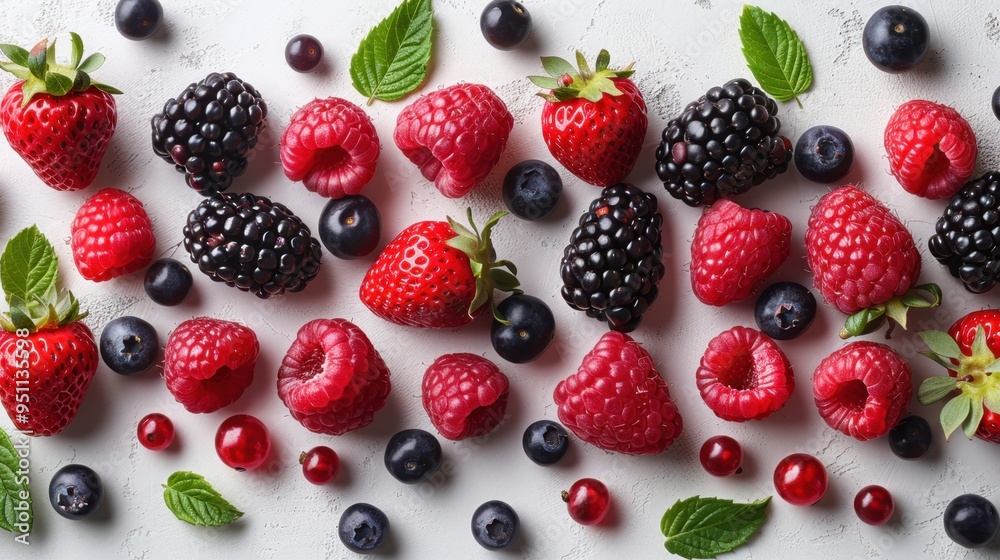 A variety of fresh berries, including raspberries, blackberries, and strawberries, scattered on a white background, designed for seamless background removal. A variety of fresh berries, including raspberries, blackberries, and strawberries, scattered on a white background, designed for seamless background removal.