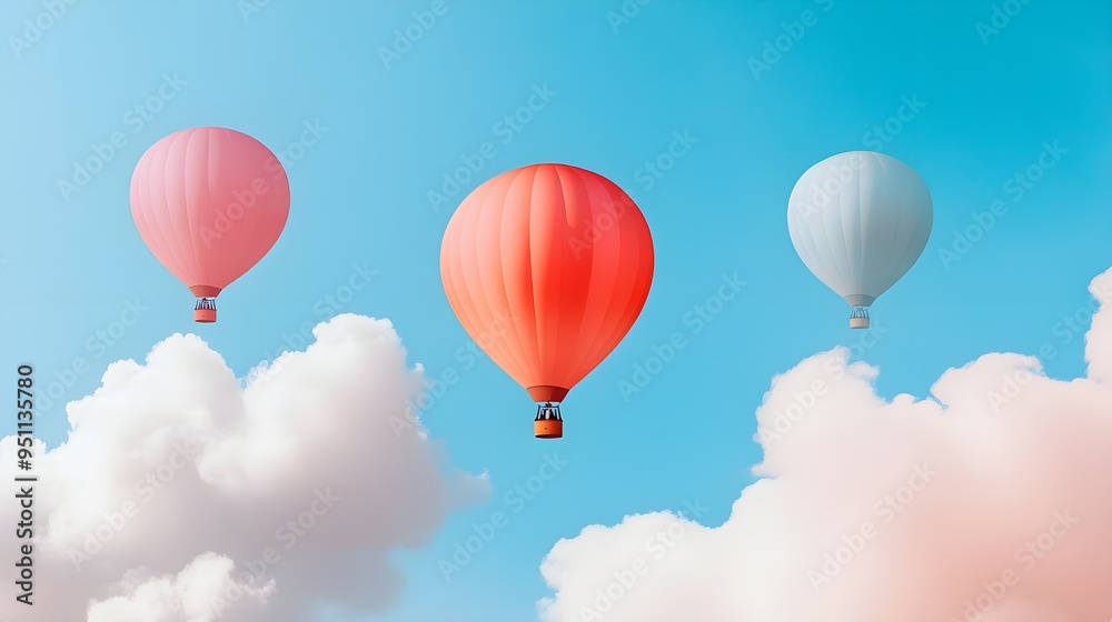 Fototapeta premium Surreal scene with hot air balloons in pastel hues, merged with flowing wisps of clouds through double exposure, a touch of whimsy in the sky