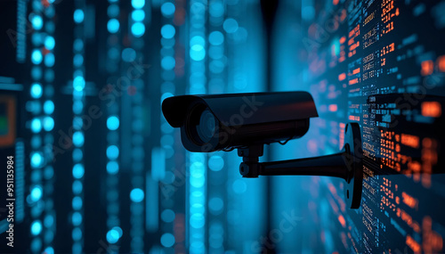 An image of a surveillance camera on a background of blazing binary code, signifying the convergence of digital information streams and security technologies. 
