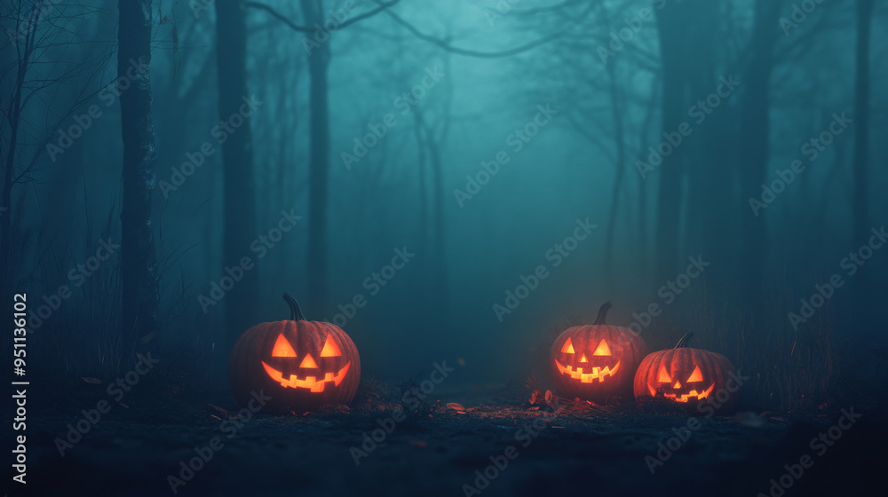 Naklejka premium Halloween background with pumpkins and haunted house - 3D render. Halloween background with Evil Pumpkin. Spooky scary dark Night forrest