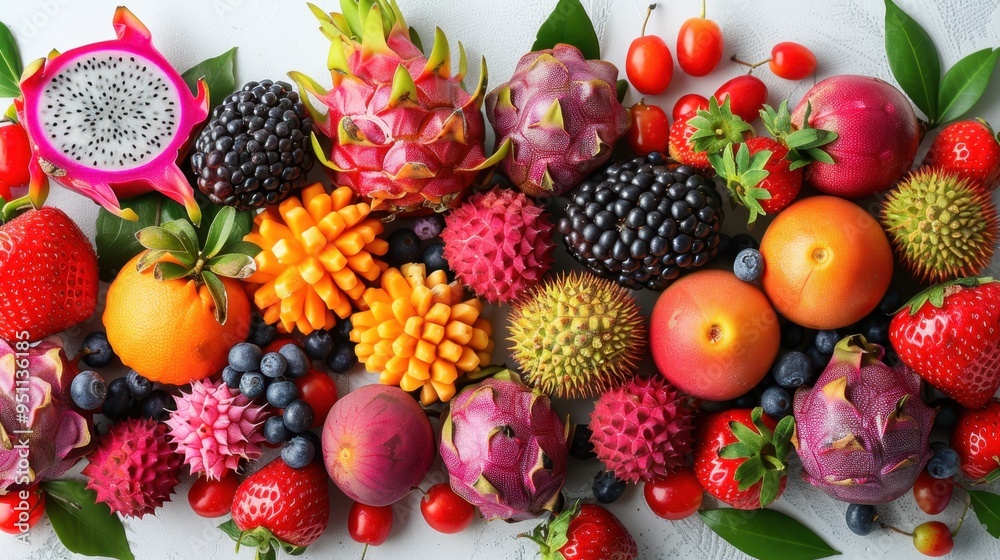 A vibrant mix of exotic fruits like dragonfruit, starfruit, and rambutan, positioned on a crisp white background, ready for background cutting. A vibrant mix of exotic fruits like dragonfruit, starfruit, and rambutan, positioned on a crisp white background, ready for background cutting.