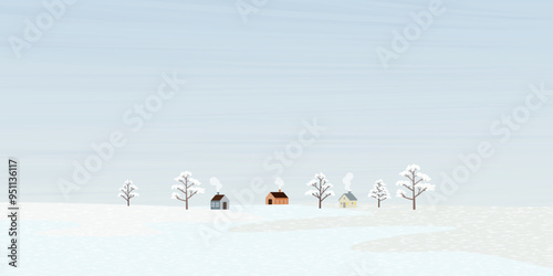 Minimalist winter landscape with snowy tree and small town childish style graphic illustration. Merry Christmas and Happy New Year greeting card template have blank space.