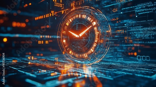 Future-looking timepiece visage with digital data all around it is counting down.
