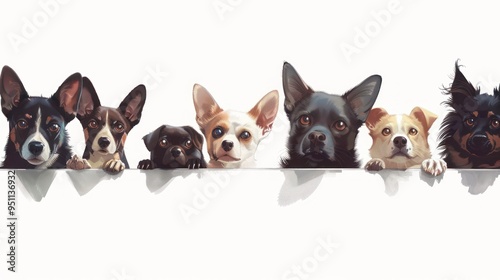 A group of seven dogs looking at the camera