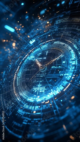 Future-looking timepiece visage with digital data all around it is counting down.