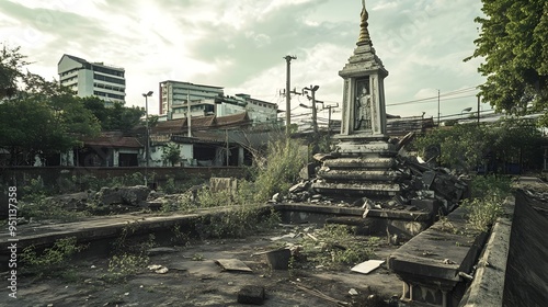 Toppled and Broken Monument of King Taksin in a Desolate Post Apocalyptic Thonburi Landscape photo