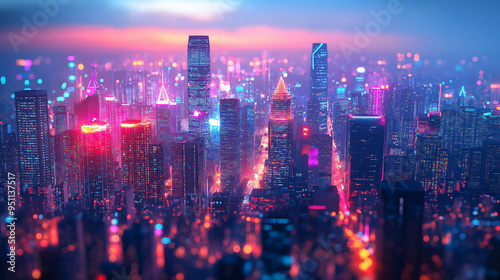 Glowing cityscape from a bird’s eye view, neon lights creating a vibrant web, futuristic glowtime, dynamic urban energy