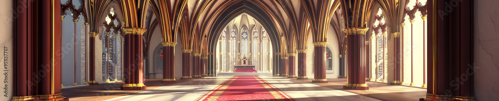 Obraz premium An ornate gothic archway, its rich maroon and gold detailing, framing a vibrant red carpet leading to the altar.