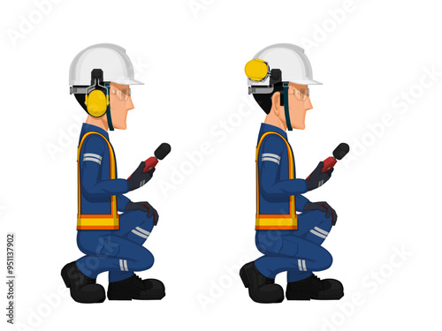 Two industrial workers are  measuring sound level  on white background