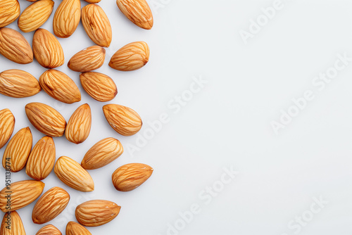 Top view of almonds on white isolated background. Copy paste area on side. Generative AI