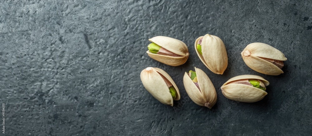 A Closeup Shot Of Four Pistachios On The Right Lower Corner On A Grey Background