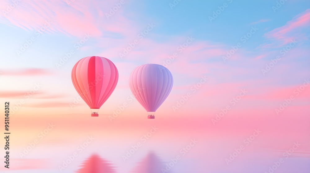 Fototapeta premium Serene hot air balloons in pastel skies, with double exposure blending in faint reflections of water, creating a calm, reflective mood