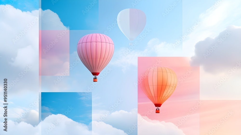 Hot air balloons in soft pastels float amidst a double exposure of abstract cloud shapes, creating a surreal and ethereal sky Hot air balloons in soft pastels float amidst a double exposure of abstract cloud shapes, creating a surreal and ethereal sky