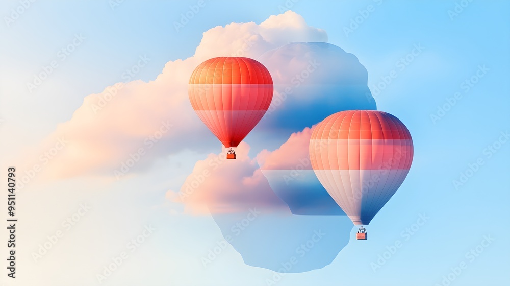 Naklejka premium Hot air balloons in soft pastels float amidst a double exposure of abstract cloud shapes, creating a surreal and ethereal sky
