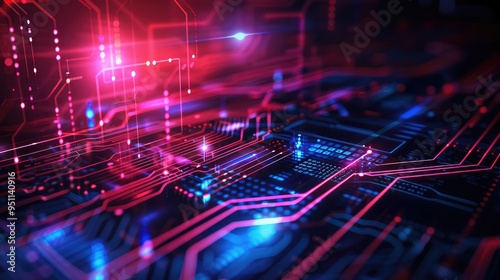 Abstract technical background with digital circuit patterns and neon highlights 