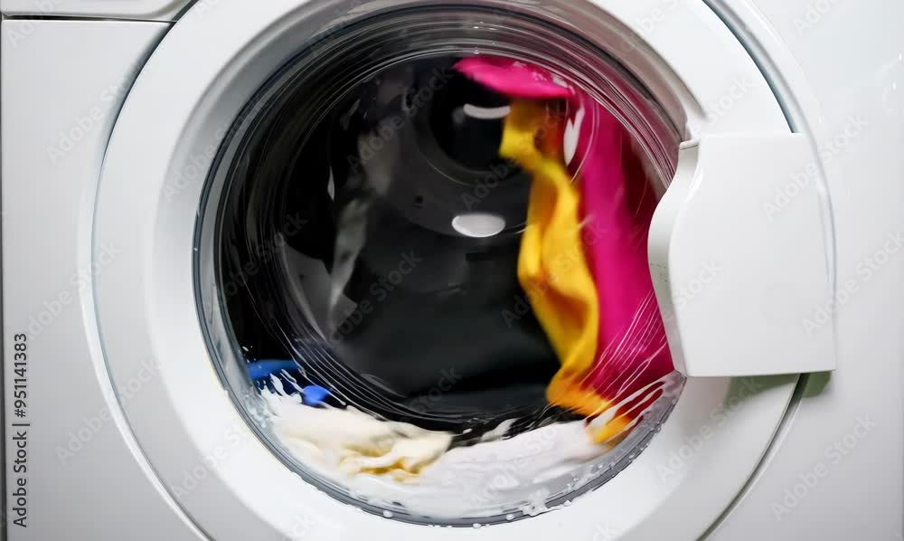 Vibrant Clothes Tumbling in a Washing Machine at a Laundromat Vibrant Clothes Tumbling in a Washing Machine at a Laundromat