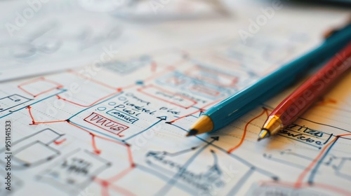 Close-up of a technical writing guide with annotations, diagrams, and notes 