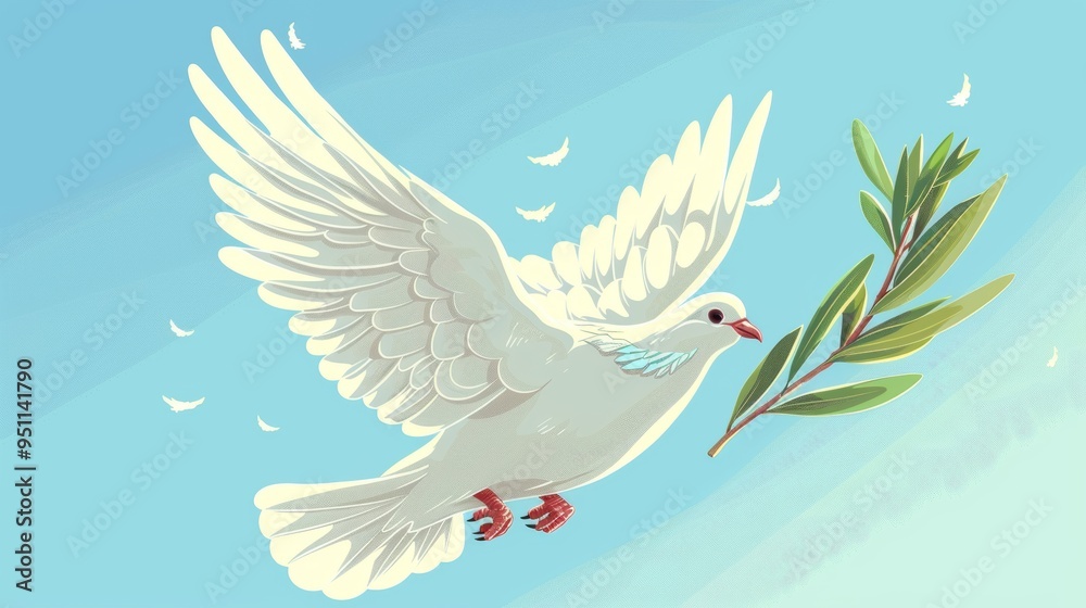Fototapeta premium cartoon vector colorful cartoon illustration of a winged dove holding an olive branch with a clear blue sky background, symbolizing peace and the Holy Spirit