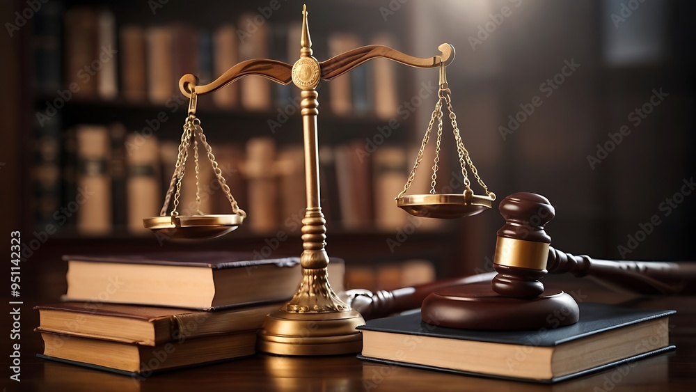 Books and justice scales on a wooden table in the judges office Books and justice scales on a wooden table in the judges office