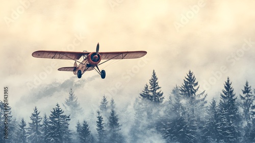 Vintage aircraft flying low over a pristine snowy forest, pine trees stark against the soft watercolor sky, highlighting the harmony between machine and nature