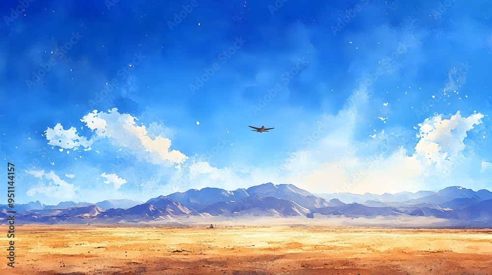 Naklejka premium A solitary airplane cuts through the bright blue sky over a vast desert, with the intense sunlight creating a stark contrast against the sandy terrain, watercolor art