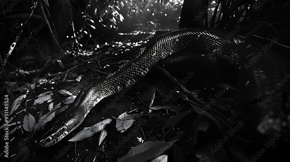 Fototapeta premium Black white image of a Titanoboa slithering through a dense forest at night its form barely visible except for the glint in its eyes The scene exudes a sense of lurking danger