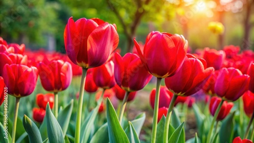 Vibrant red tulips blooming in a garden setting, flowers, nature, spring, vibrant, red, tulips, garden, plant, petals, colorful