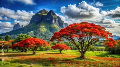 Majestic mountain landscapes of Mauritius with vibrant red flame trees , Mauritius, island, mountain, landscape