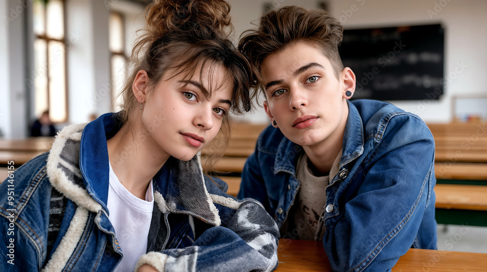 Two teenagers with stylish hair and denim jackets seated casually at a wooden table, possibly in a school classroom - Generative AI Two teenagers with stylish hair and denim jackets seated casually at a wooden table, possibly in a school classroom - Generative AI