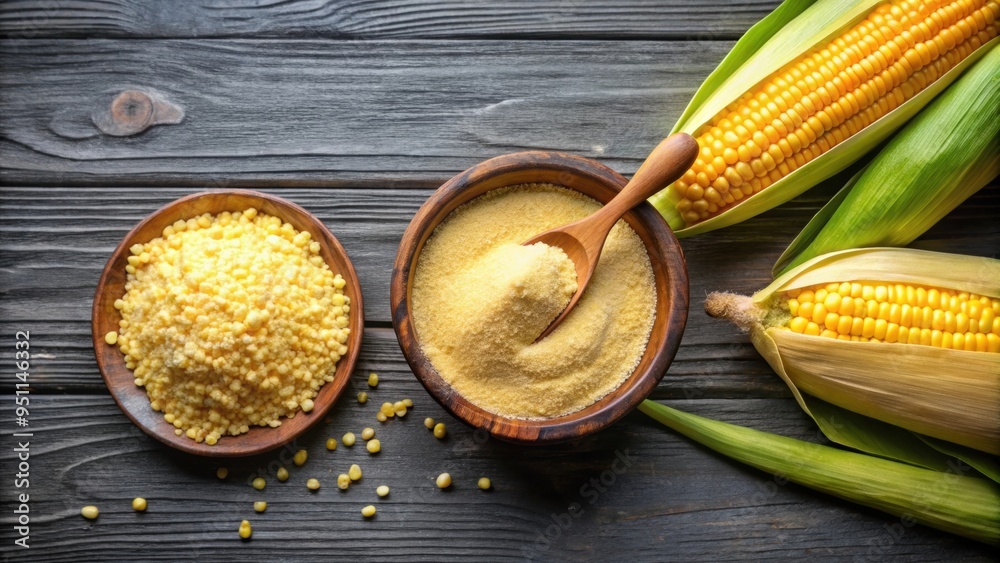 Top view of organic maize flour in wooden bowl with fresh corn cob, organic, maize flour, wooden bowl, fresh, corn, top view Top view of organic maize flour in wooden bowl with fresh corn cob, organic, maize flour, wooden bowl, fresh, corn, top view