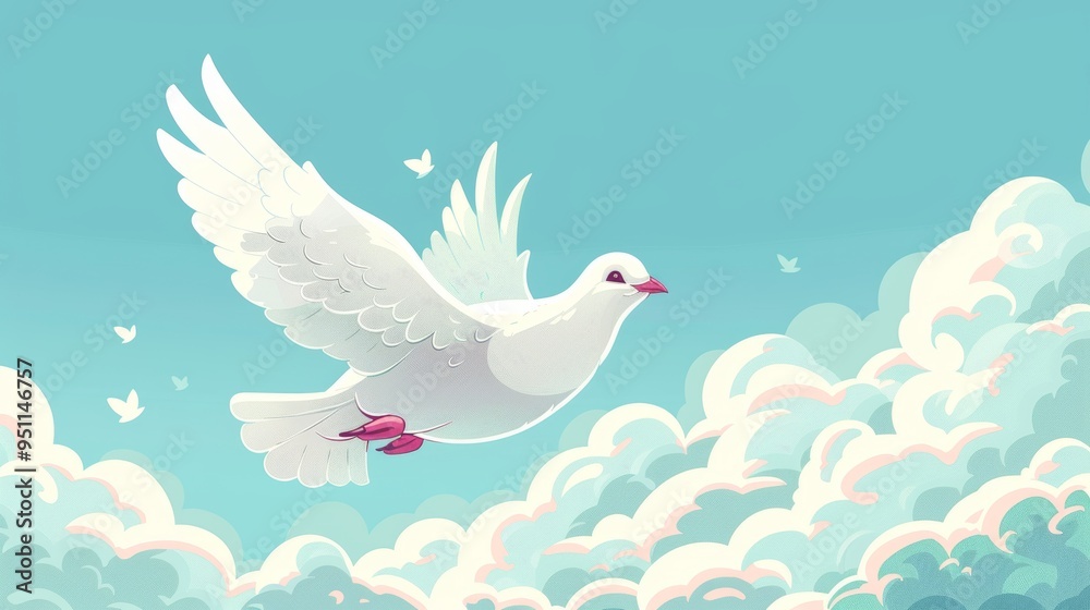 cartoon vector A whimsical illustration of a winged dove with a calm expression, flying amidst clouds, with ample space for text, representing the New Testament Holy Spirit cartoon vector A whimsical illustration of a winged dove with a calm expression, flying amidst clouds, with ample space for text, representing the New Testament Holy Spirit