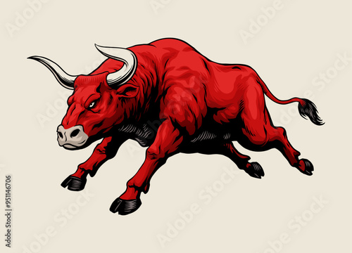Hand Drawn Illustration of Aggressive Bull Jumping