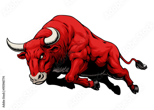Hand Drawn Illustration of Big Angry Muscle Bull Attacking