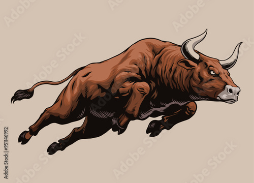 Illustration of Big Angry Muscle Bull Jumping
