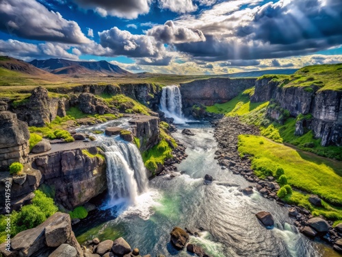 Öxarárfoss in June extreme wide-angle shot, expansive landscape, waterfall's delicate plunge, distant trees and rolling hills, vast Icelandic wilderness.