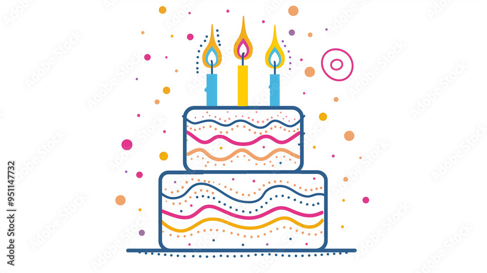 Simple illustration of a birthday cake with three candles and colorful confetti Simple illustration of a birthday cake with three candles and colorful confetti