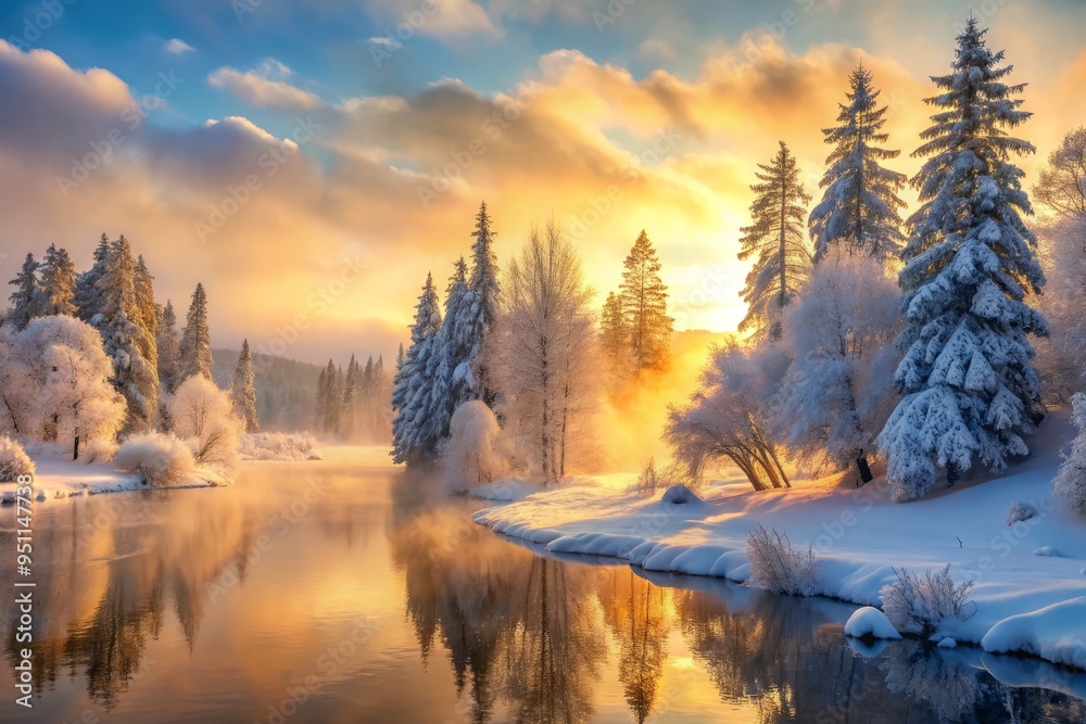 Description: A breathtaking winter scene with soft, feathery snowfall and misty morning light Description: A breathtaking winter scene with soft, feathery snowfall and misty morning light