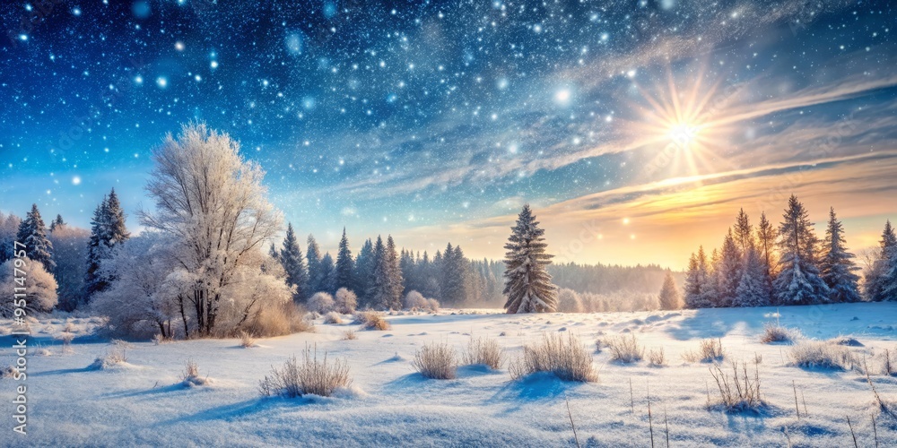 Fototapeta premium Description: Peaceful winter landscape with delicate snowflakes gently settling on the snow-covered meadow
