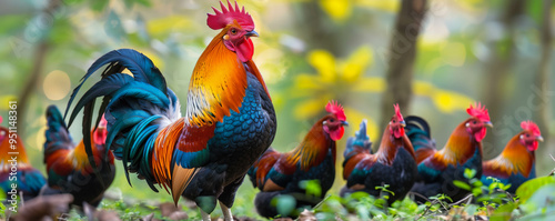 Wallpaper Mural Colorful Rooster Leading Hens in Lush Forest Landscape Torontodigital.ca