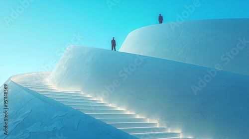 Business people walking up on big stairs, business concept. Abstract business environment with massive stairs going up and people acting business people. 3D rendering