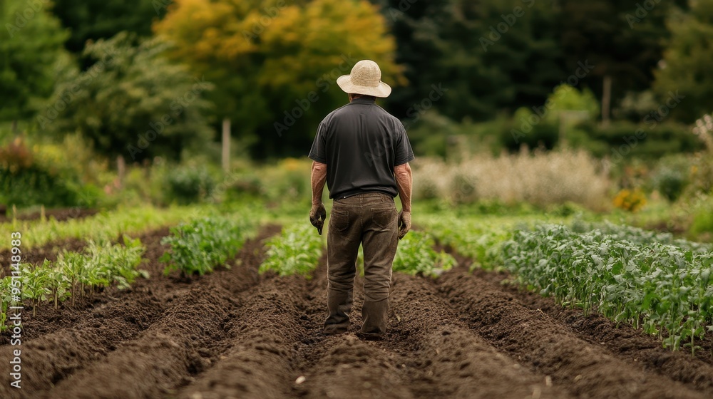 Fototapeta premium Farmer Tending to Vegetable Garden in Idyllic Countryside Setting