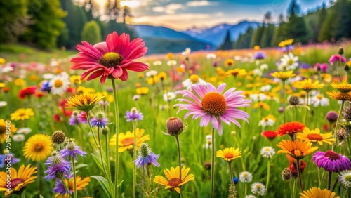 vibrant meadow wildflowers blooming amidst a sea of soft green grasses, macro shot highlighting intricate details