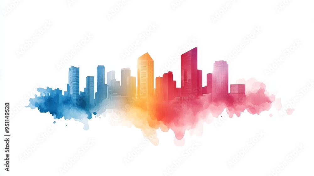 Obraz premium Abstract cityscape merged with a double exposure of colorful watercolor splashes in a rainbow gradient, creating a dreamlike urban fantasy